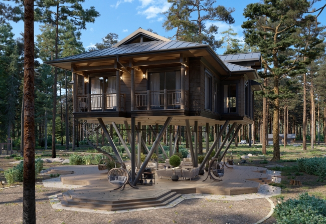 Проект деревянного дома в лесу.