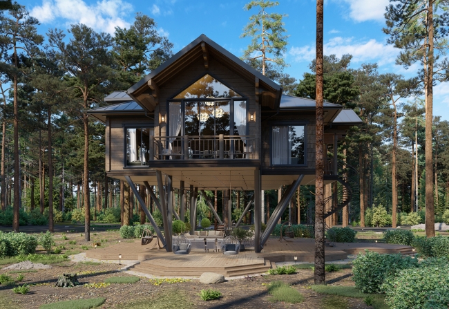 Проект деревянного дома в лесу.