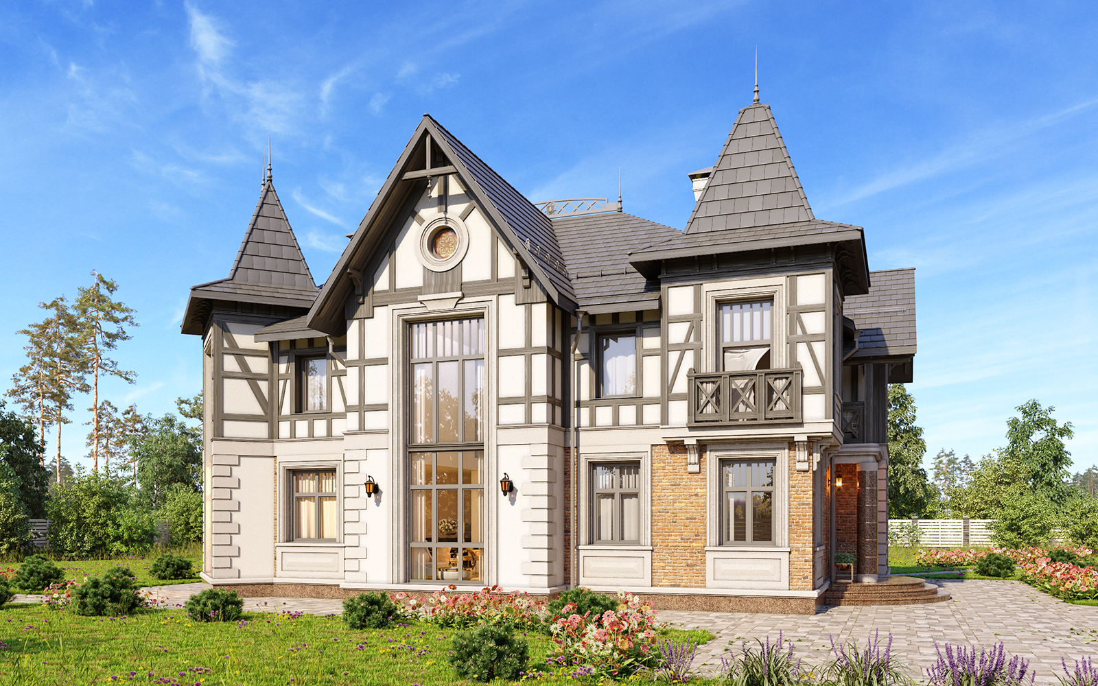 Индивидуальный проект двухэтажного загородного дома в Нормандском стиле
