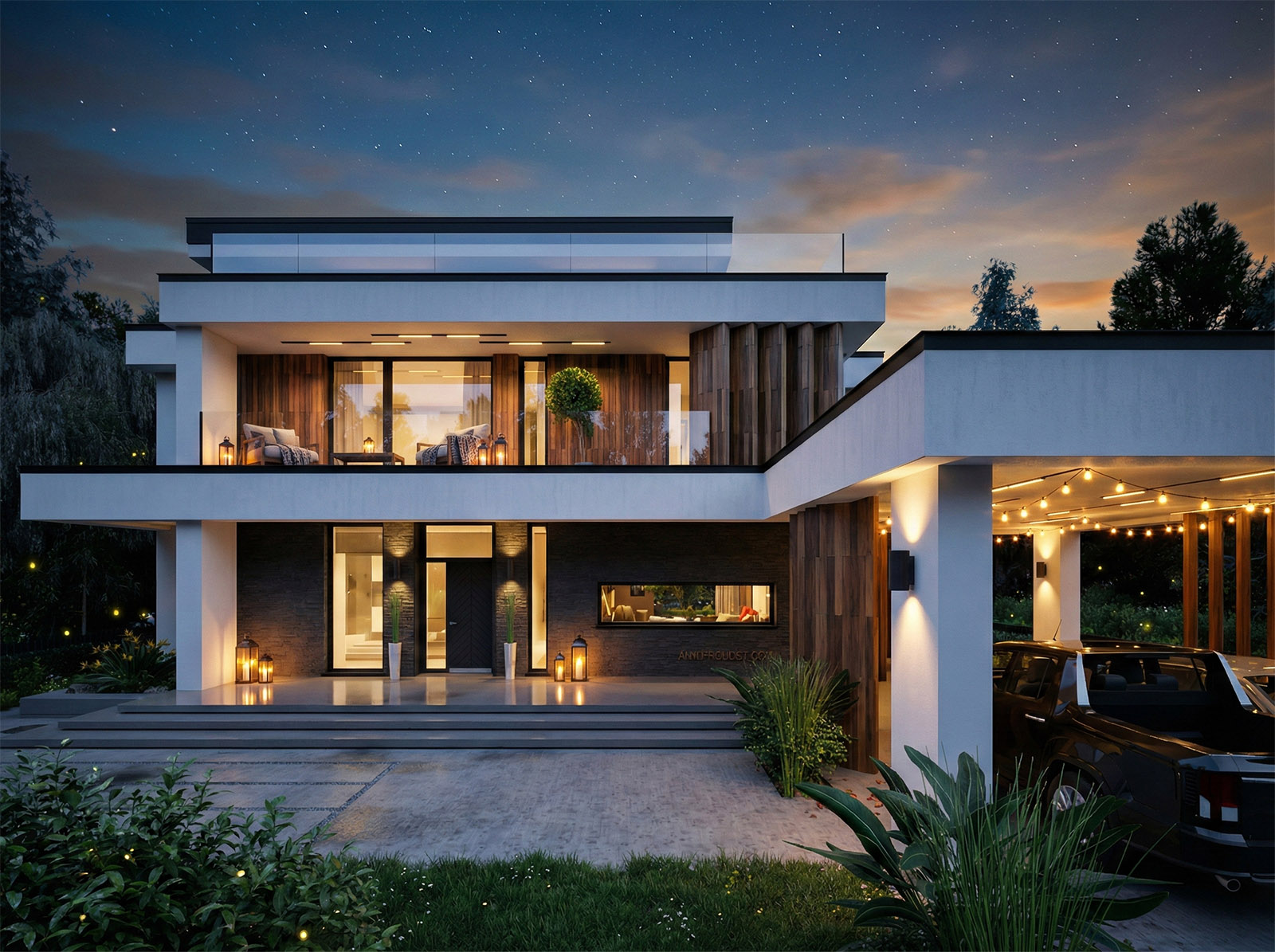 Современный дом 400м с плоской кровлей 