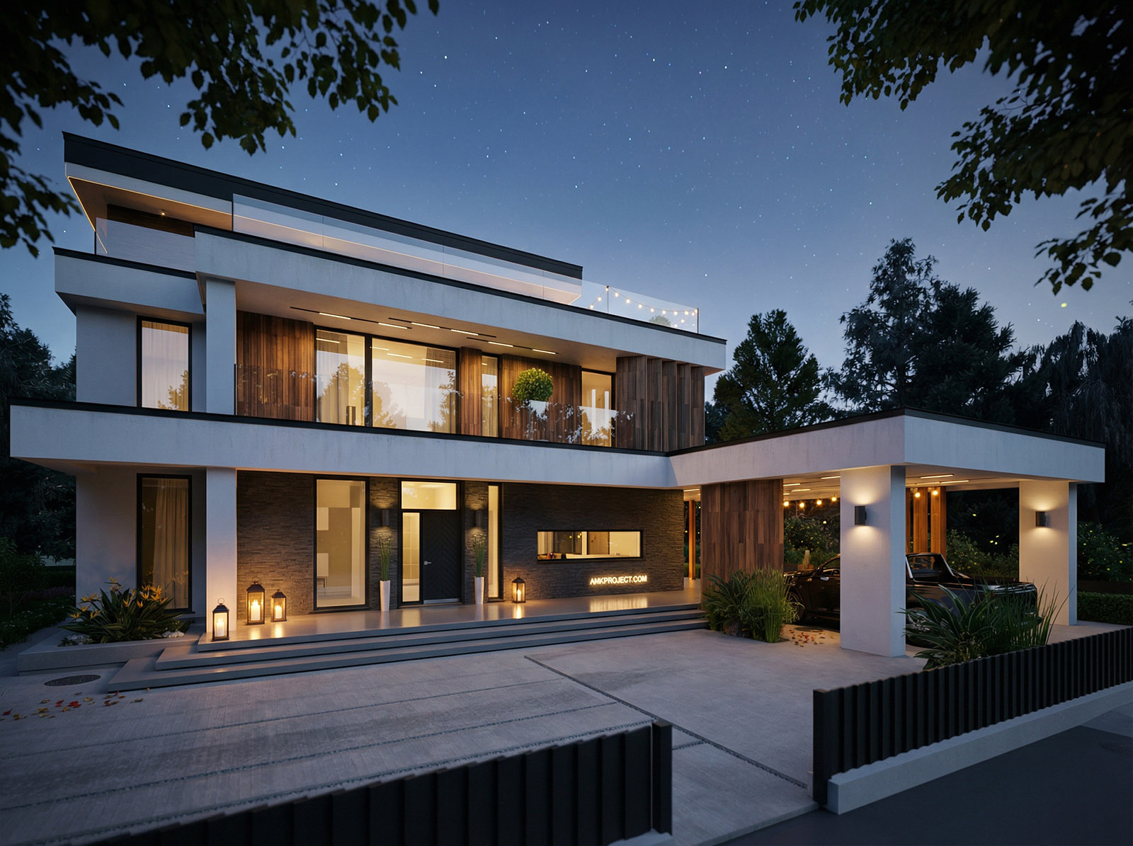 Современный дом 400м с плоской кровлей. Главный фасад