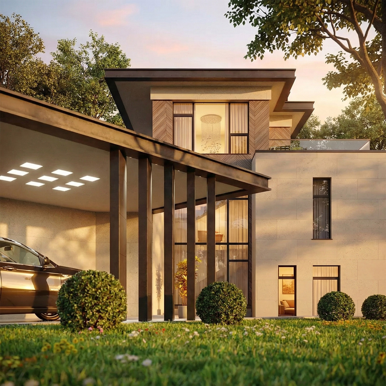 Боковой фасад современного загородного дома. Скандинавский стиль в архитектуре.