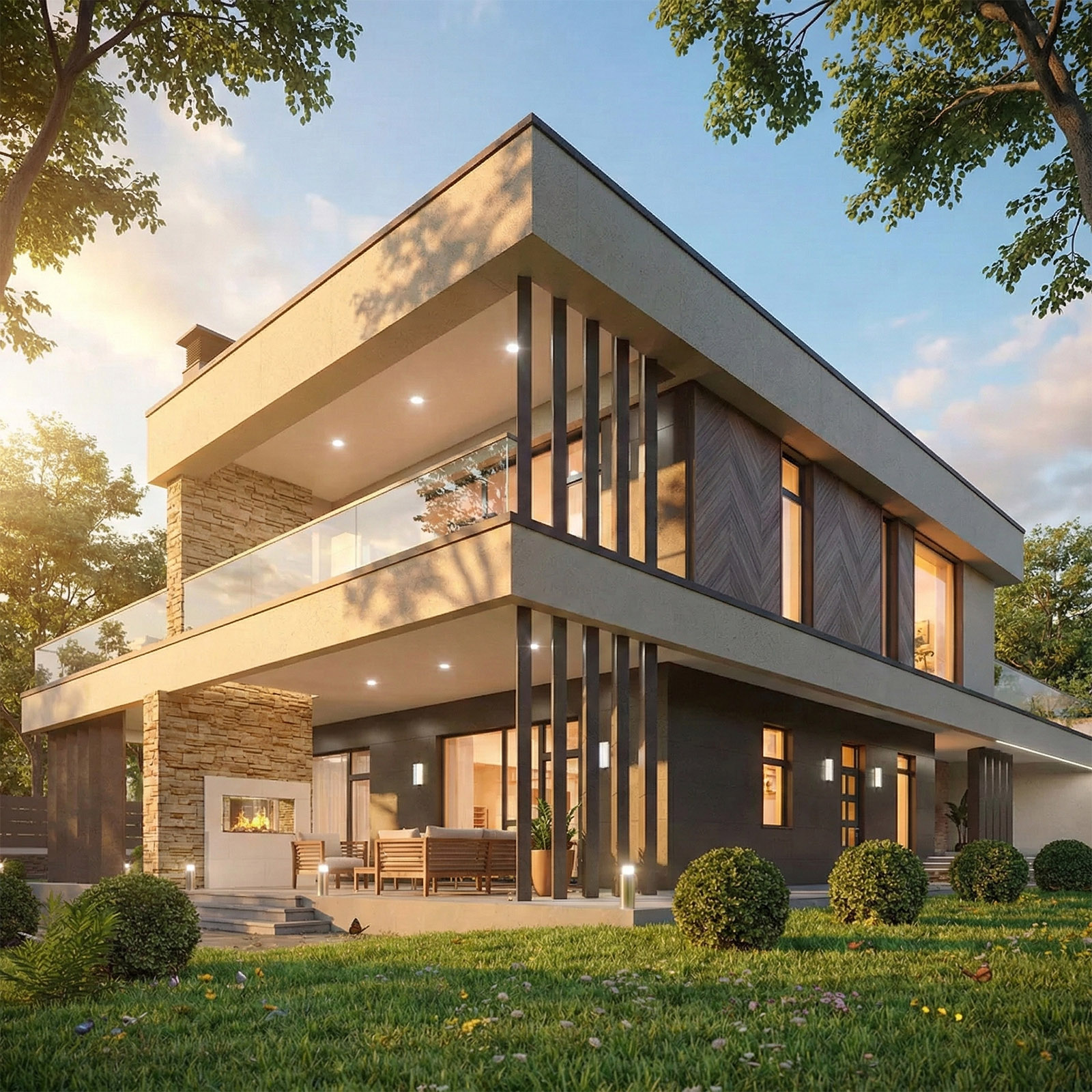 Фрагмент фасада современного загородного дома. Терраса.