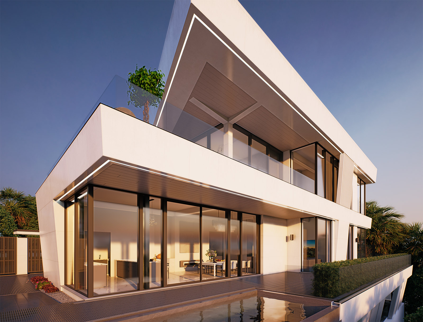 Фасад с патио и бассейном