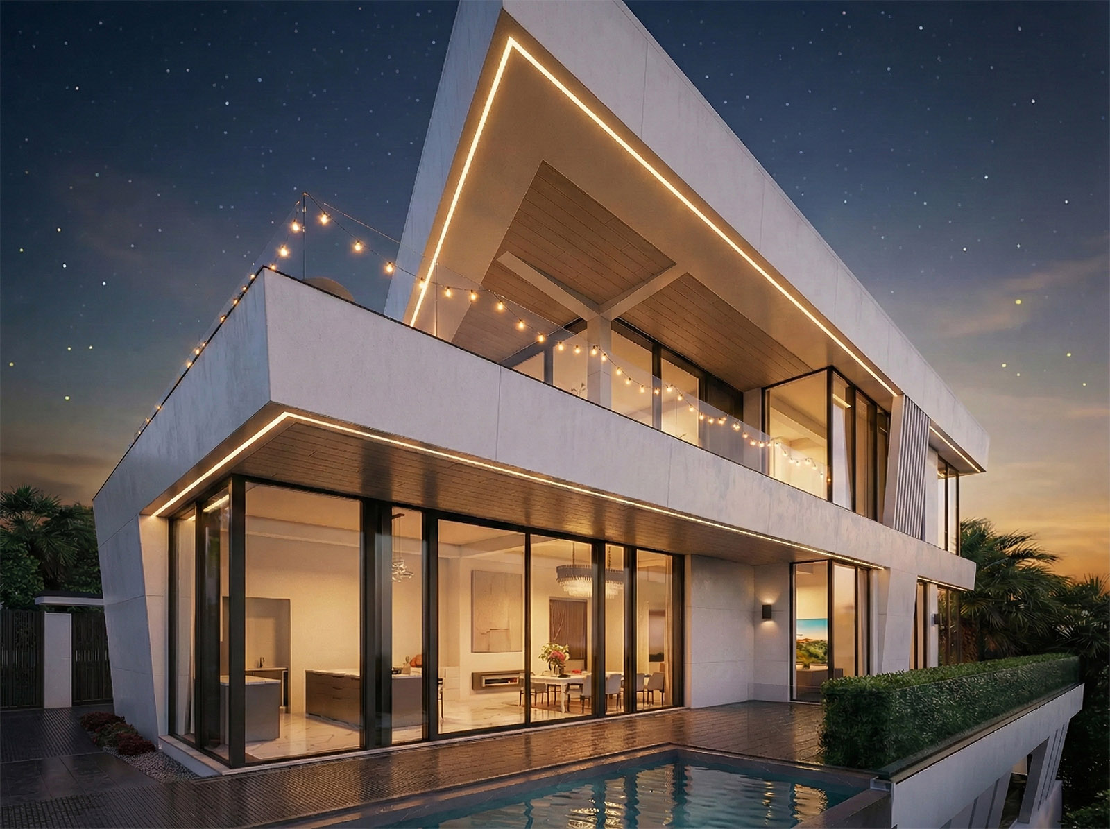 Фасад с патио и бассейном