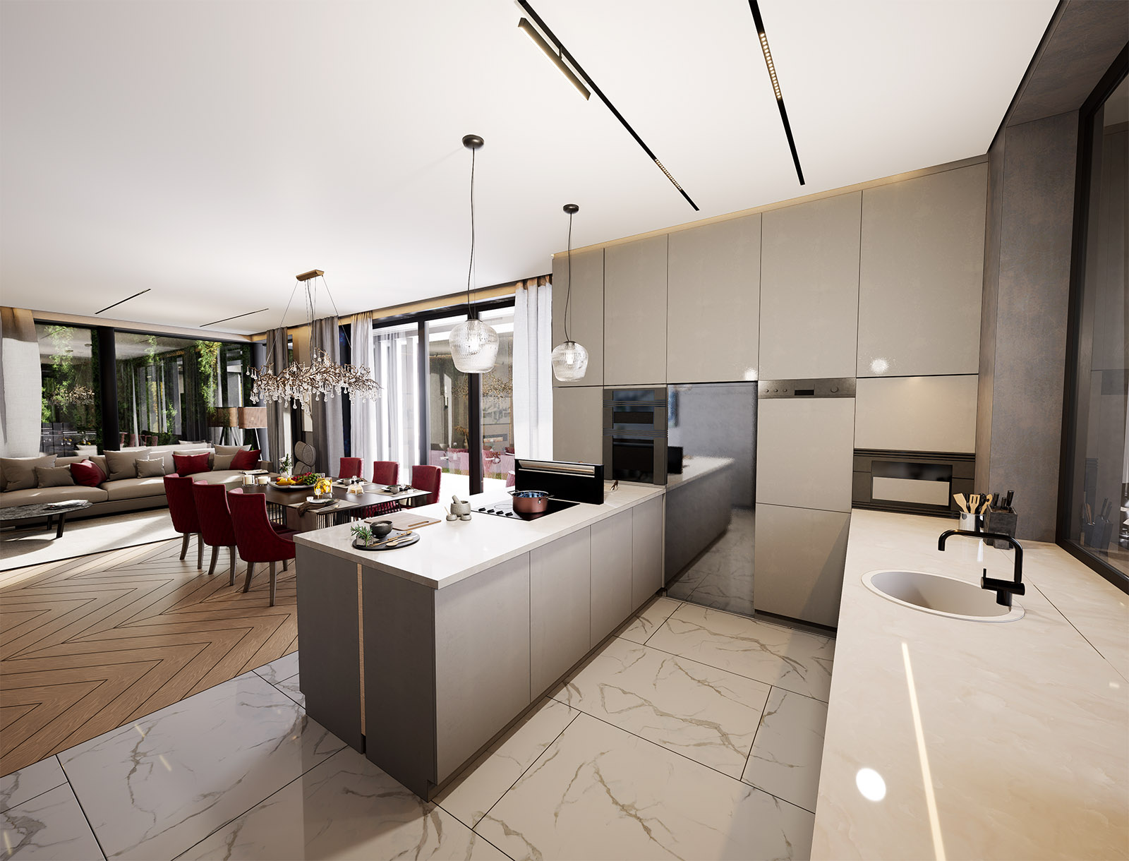 Современный интерьер кухни-гостиной в загородном доме