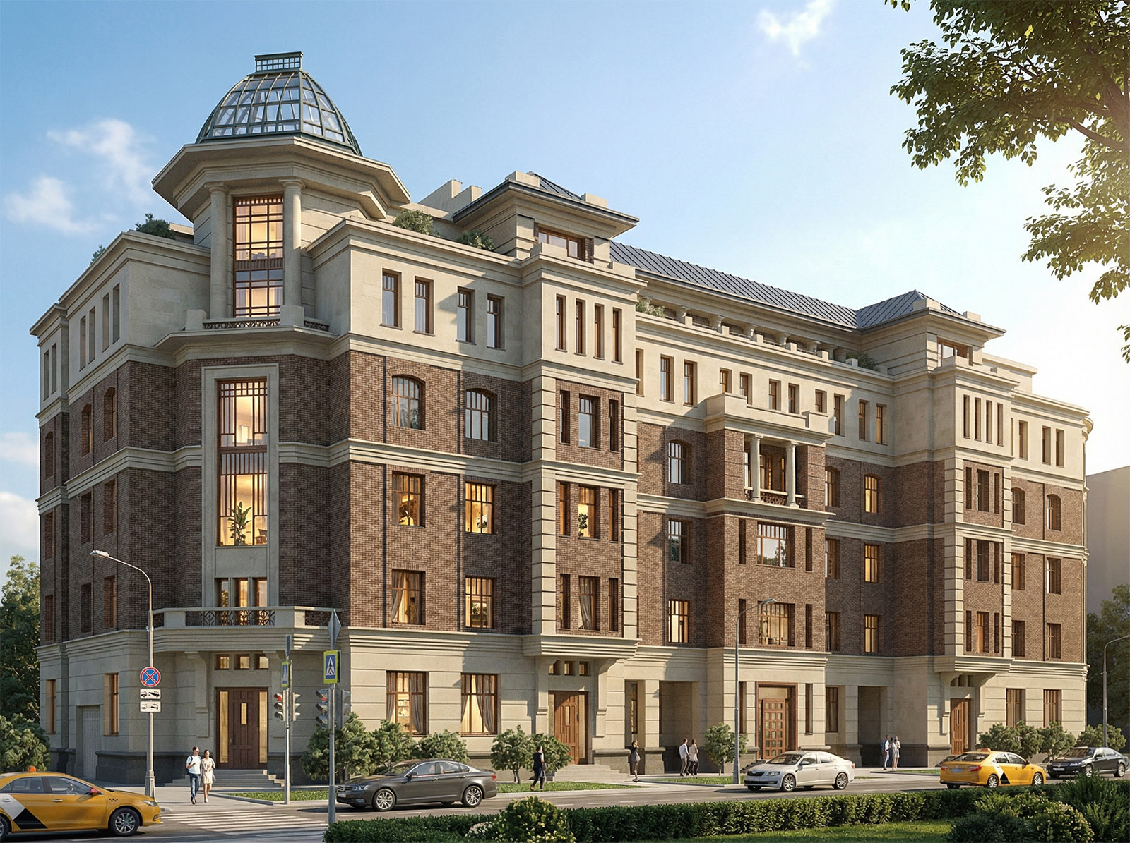 Фасады жилого комплекса отделанные камнем и кирпичом