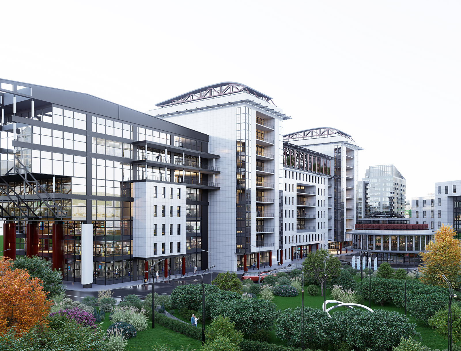 Проект делового комплекса с многоуровневой парковкой.